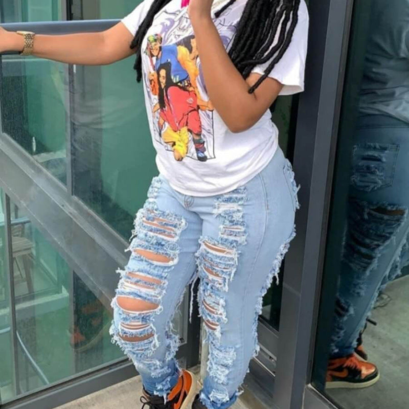 Women Casual Ripped Tight High Waist Stretch Jeans