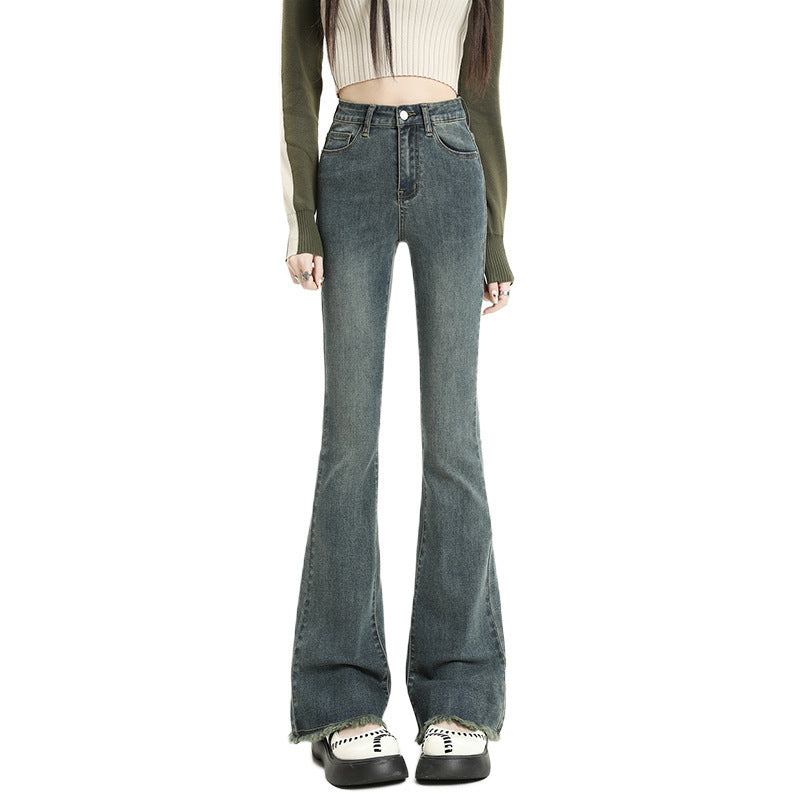 Women Fashion Casual Solid Color Raw Hem Denim Flared Jeans