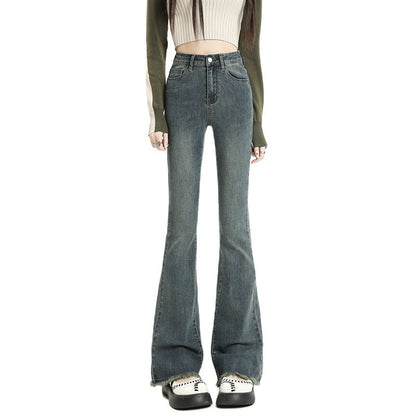 Women Fashion Casual Solid Color Raw Hem Denim Flared Jeans
