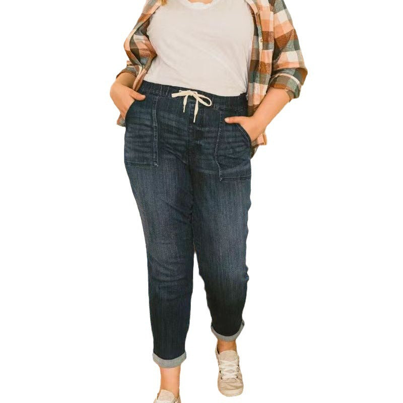 Women Casual Plus Size Real Pocket Stretch Washed Drawstring Jeans