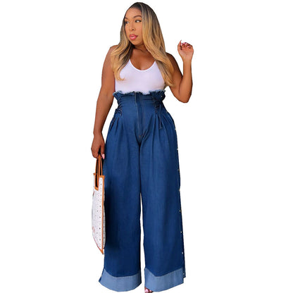Women Fashion Casual High Waist Wide Leg Jeans