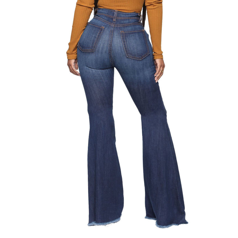 Women Casual Elegant Raw Hem Ripped Flare Jeans
