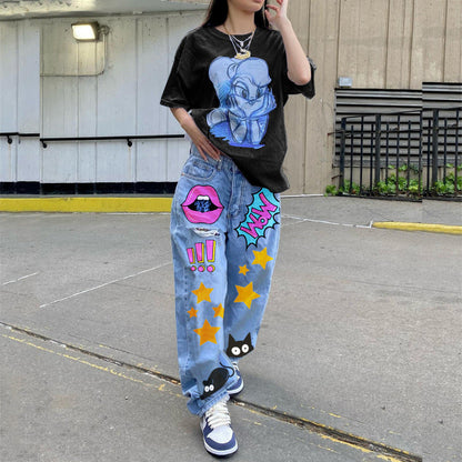 Women'S Fashion Casual Cartoon Printing Loose Denim Pants Wide-Leg Straight Jeans