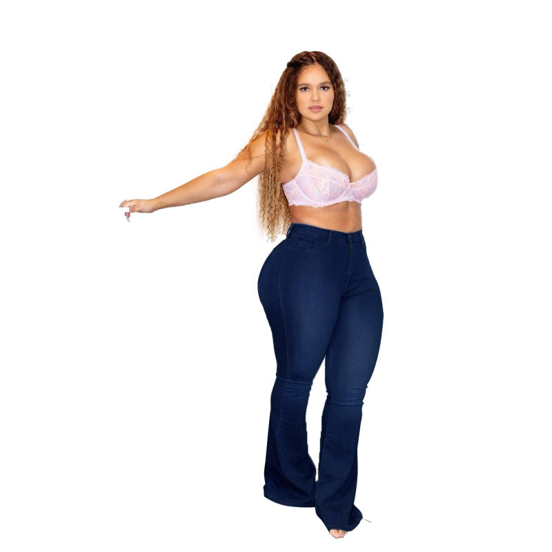 Plus Size Women Denim High Waist Slim Casual Flared Jeans