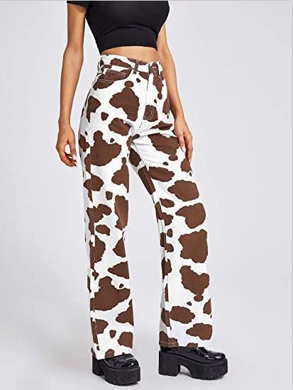 Women Cow Print Loose Straight High Waist Casual Straight Jeans