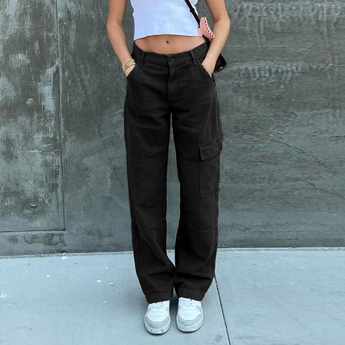 Women Solid Color Denim High Waist Pocket Casual Fashion Jeans Cargo Pants