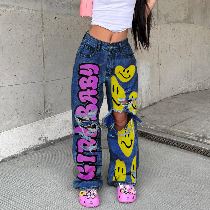Women Fashion Casual Cut Out Graffiti Jeans