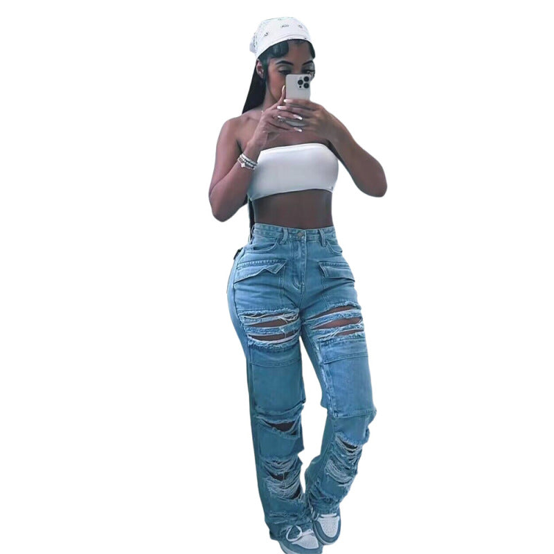 Women Casual Ripped Denim Pant Straight Jeans