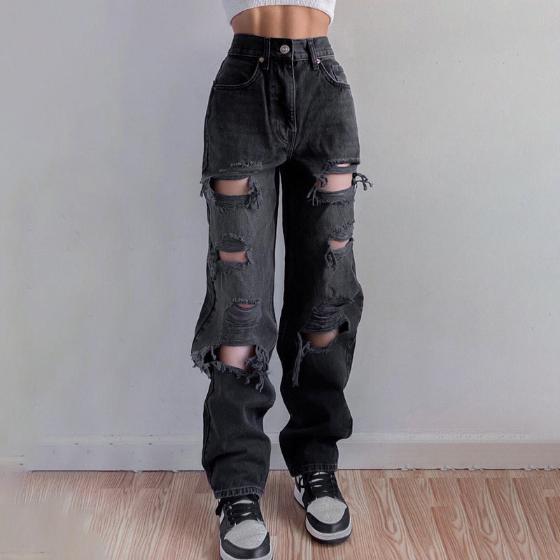 Women Denim High Waist Solid Color Ripped Casual Fashion Jeans