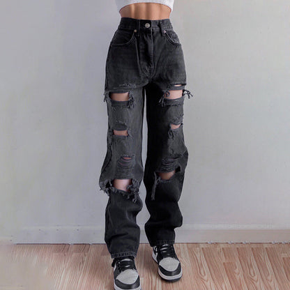 Women Denim High Waist Solid Color Ripped Casual Fashion Jeans