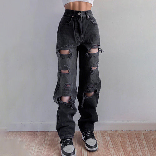 Women Denim High Waist Solid Color Ripped Casual Fashion Jeans