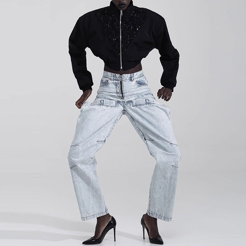 Women Fashion Casual Stitching Straight Leg Jeans