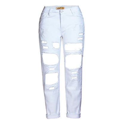 Women Fashion Casual Ripped Denim Straight Cropped Pants Jeans