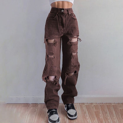 Women Denim High Waist Solid Color Ripped Casual Fashion Jeans