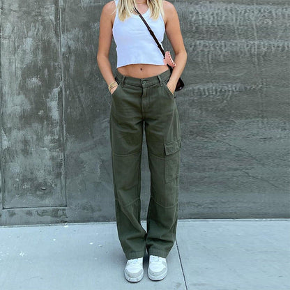 Women Solid Color Denim High Waist Pocket Casual Fashion Jeans Cargo Pants