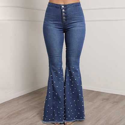 Women Fashion Casual High Waist Pearl Flared Jeans