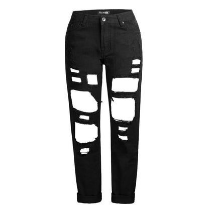 Women Fashion Casual Ripped Denim Straight Cropped Pants Jeans