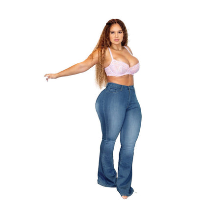 Plus Size Women Denim High Waist Slim Casual Flared Jeans