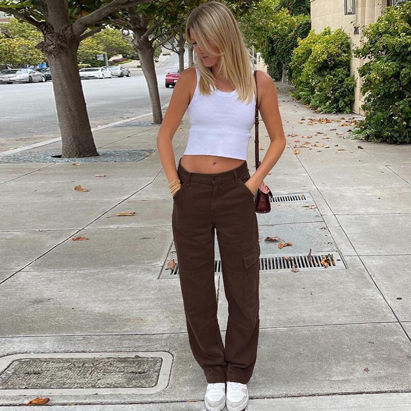 Women Solid Color Denim High Waist Pocket Casual Fashion Jeans Cargo Pants