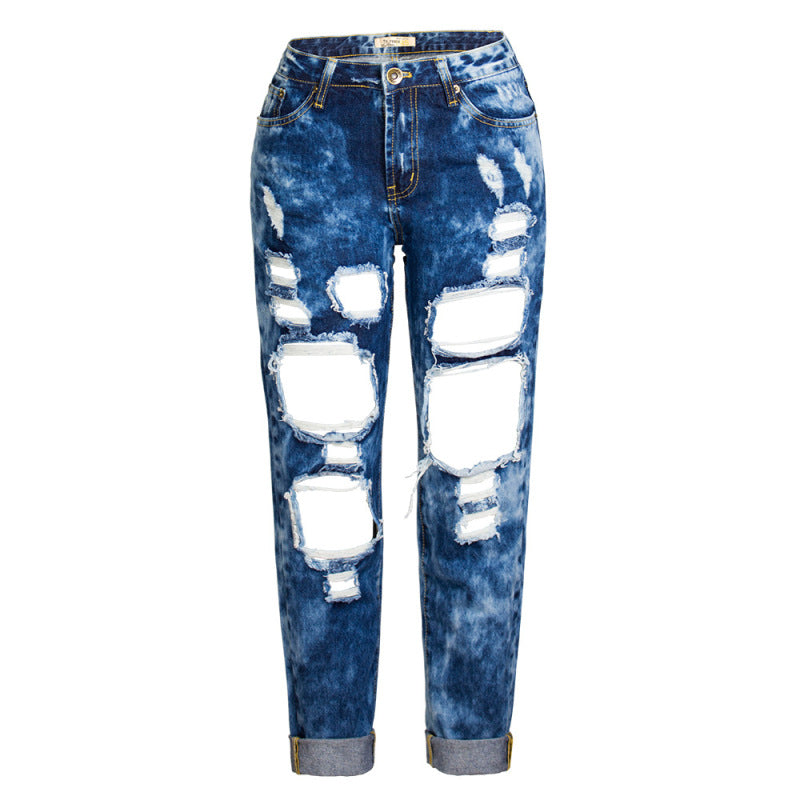 Women Fashion Casual Ripped Denim Straight Cropped Pants Jeans