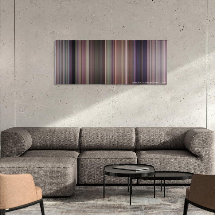 Meet the Fockers color palette canvas on a concrete wall above a gray sectional sofa