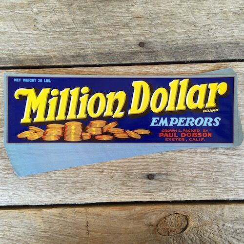 MILLION DOLLAR GRAPE Fruit Crate Label 1940s