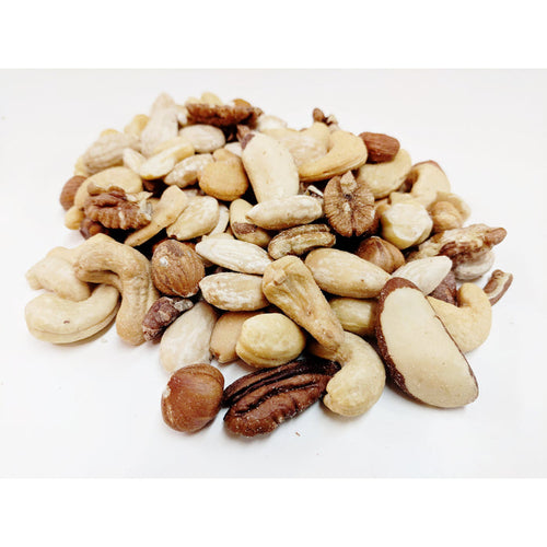 Mixed Nuts Deluxe Salt  includes: Whole Roasted Salted Cashews, Blanched Roasted Salted Almonds, Pecan Halves, Brazil Nuts,Filberts