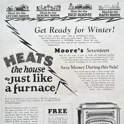 MOORE'S ROOM HEATER Advertising Poster 1920s