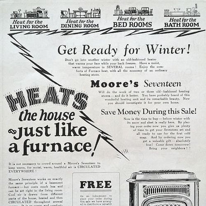 MOORE'S ROOM HEATER Advertising Poster 1920s