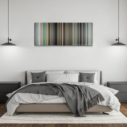 Mr. Nobody color palette canvas above a bed, between two black pendant lamps