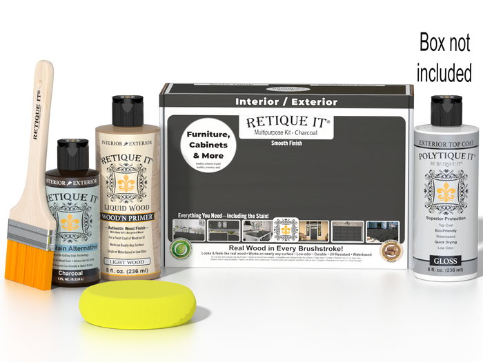 Retique It wood finish kit with charcoal exterior top coat, smooth gloss finish, includes application tools on a box.