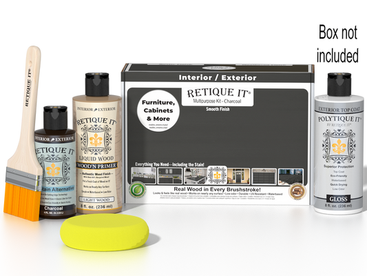 Retique It wood finish kit with charcoal exterior top coat, smooth gloss finish, includes application tools on a box.