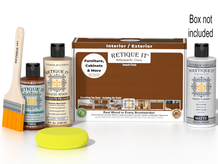 Retique It Multi-purpose Smooth Finish Kit in Cherry for exterior wood, includes top coat and matte finish in a wood finishing kit.