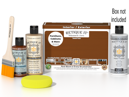 Retique It Multi-purpose Smooth Finish Kit in Cherry for exterior wood, includes top coat and matte finish in a wood finishing kit.