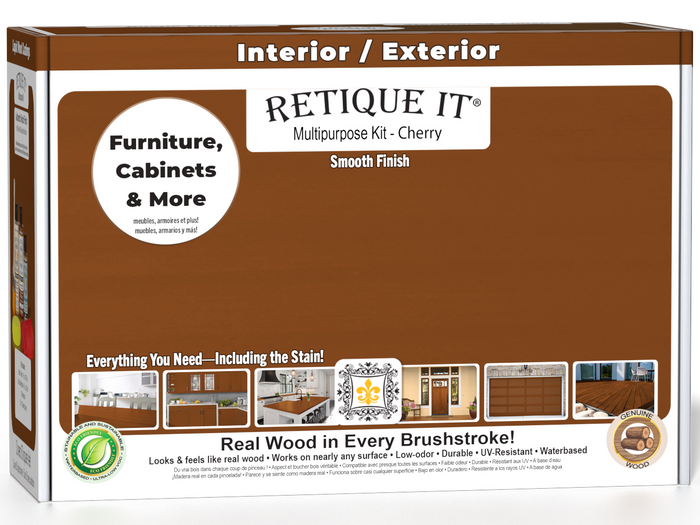 Retique It Wood'n Finish Multi-purpose Smooth Finish Kit in Cherry for exterior top coat with matte finish, shown in a box.