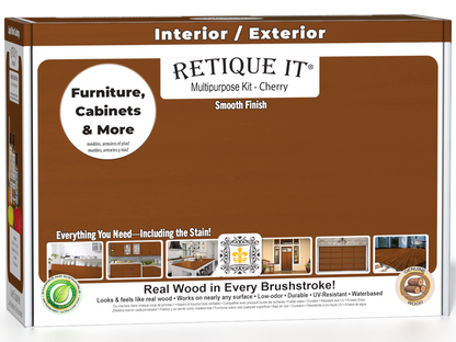 Retique It Wood'n Finish Multi-purpose Smooth Finish Kit in Cherry for exterior top coat with matte finish, shown in a box.