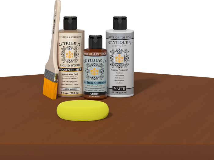 Retique It Multi-purpose Smooth Finish Kit in Cherry for exterior wood, featuring satin top coat and wood finish components.