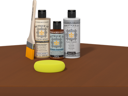 Retique It Multi-purpose Smooth Finish Kit in Cherry for exterior wood, featuring satin top coat and wood finish components.