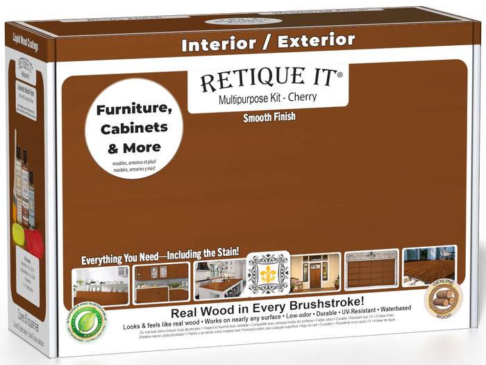 Retique It Multi-purpose Smooth Finish Kit in Cherry, exterior top coat with a matte wood finish, including applicator tools.