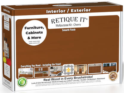 Retique It Multi-purpose Smooth Finish Kit in Cherry, exterior top coat with a matte wood finish, including applicator tools.