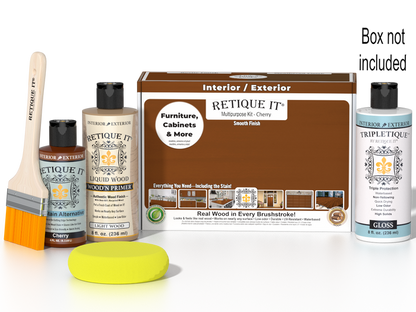 Retique It Multi-purpose Smooth Finish Kit in Cherry for interior wood projects, with wood top coat and application tools.