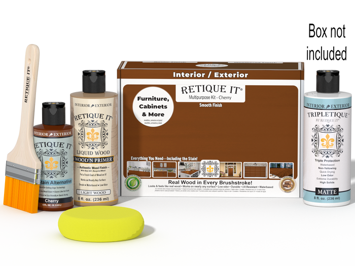 Retique It multi-purpose cherry finish kit with interior top coat and wood finishing tools, shown in the box.