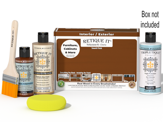 Retique It multi-purpose cherry finish kit with interior top coat and wood finishing tools, shown in the box.