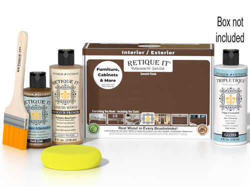 Retique It Multi-purpose Smooth Finish Kit in Dark Oak for interior wood projects, includes top coat and application tools.