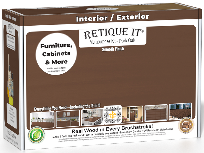 Retique It Multi-purpose Smooth Finish Kit in Dark Oak for interior wood projects, includes top coat with a matte finish.
