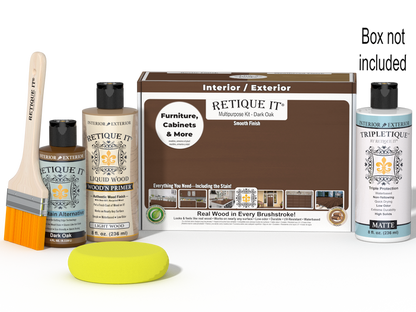 Retique It Multi-purpose Smooth Finish Kit in Dark Oak for interior wood, includes top coat and matte finish, with packaging box.