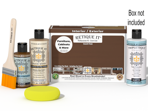 Retique It Multi-purpose Smooth Finish Kit in Dark Oak for interior wood, includes top coat and matte finish, with packaging box.