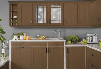 Retique It Multi-purpose Smooth Finish Kit in Dark Oak for interior kitchen cabinets with a matte wood top coat.