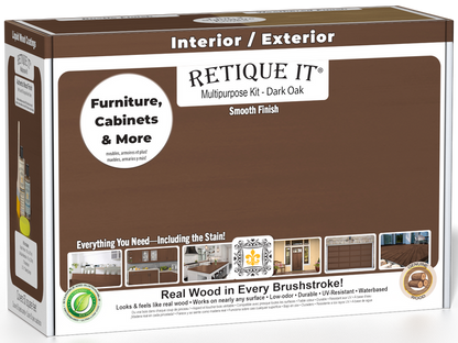 Retique It Multi-purpose Smooth Finish Kit in Dark Oak for interior wood projects, includes top coat with a matte finish.