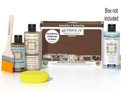 Retique It Multi-purpose Smooth Finish Kit in Dark Oak for interior wood projects, with top coat and applicator tools in the box.